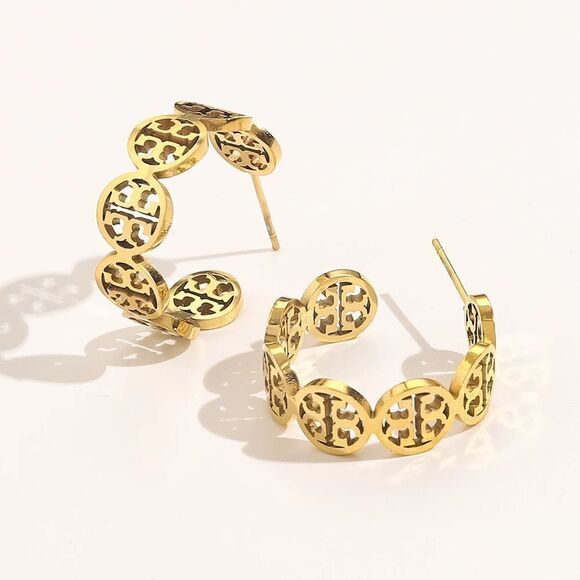 NWOT Tory Burch Gold  Round Logo Half Hoop Earring’s - Picture 1 of 4
